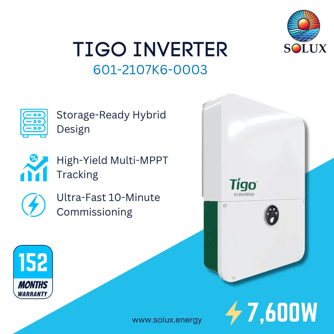 SOLUX Tigo Inverter 601-2107K6-0003, 7,600W hybrid inverter with storage-ready design, high-yield multi-MPPT tracking, and ultra-fast 10-minute commissioning, shown on a white and blue graphic background.